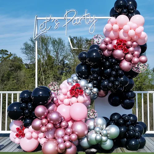 Vista 4 de Globos rosados y negros, 60 piezas de 12 pulgadas, color rosa intenso, rosa claro, negro, confeti, globos metálicos rosados para fiesta temática