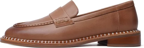 Vista 2 de FOGEENA Mocasines de cuero mate para mujer, estilo casual, sin cordones, punta redonda, tacón bajo grueso, zapatos de vestir de 1 pulgada