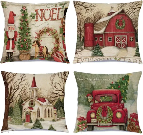 Vista 8 de Hlonon Juego de 4 fundas de cojín navideñas de 16 x 16 pulgadas, serie de Navidad, funda cuadrada con cierre zipper, personalizable