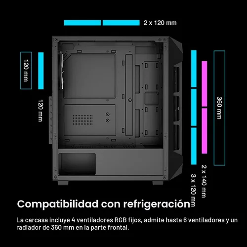 Vista 2 de GAMDIAS ATX Torre Media Gaming PC Case Vidrio Templado, Ventiladores ARGB Integrados de 120mm x 4, Malla de Flujo de Aire Frontal, Hasta 6
