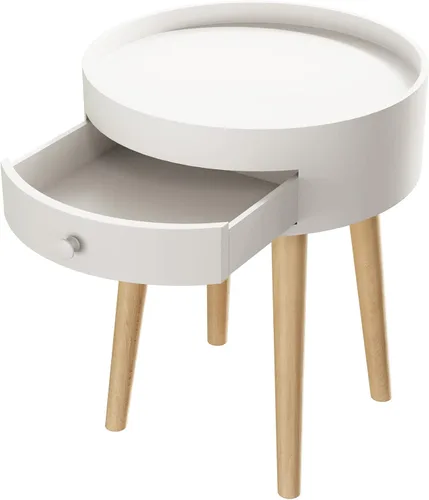 Vista 4 de Mesa auxiliar redonda blanca para sala de estar, mesita de noche moderna, mesa de centro pequeña con cajón para dormitorio, espacio pequeño, patas