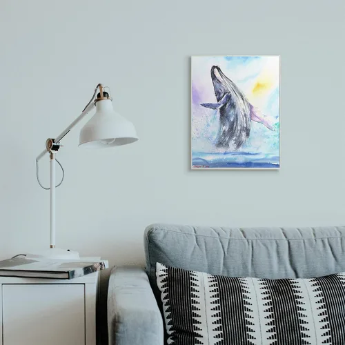 Vista 2 de Stupell Industries 'Humpback Whale Ocean Jump Blue Water' Placa de pared Arte