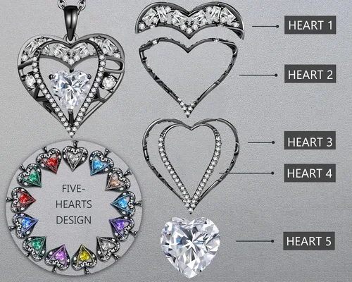 Vista 77 de Collar de cristal de 5 corazones, chapado en oro rosa de 18 quilates, colgante con cadena de plata de ley 925 de 18 + 2 pulgadas, joyería de piedra