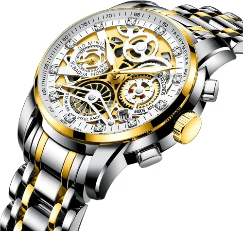 Vista 3 de Gosasa Relojes de lujo ahuecados para hombre, cronografía de diamantes de alta calidad, reloj de moda para hombre, calendario de acero inoxidable