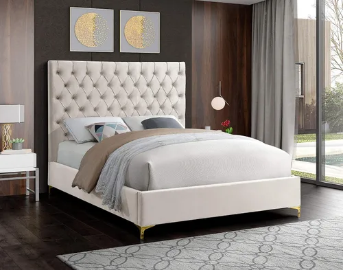 Vista 10 de Meridian Furniture Colección moderna Cruz Cama tapizada de terciopelo contemporánea con acolchonamiento de botones profundos y juegos completos