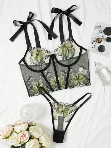 Vista 5 de SOLY HUX Conjunto de lencería de 2 piezas con brasier y braga de malla con bordado de mariposa para mujer