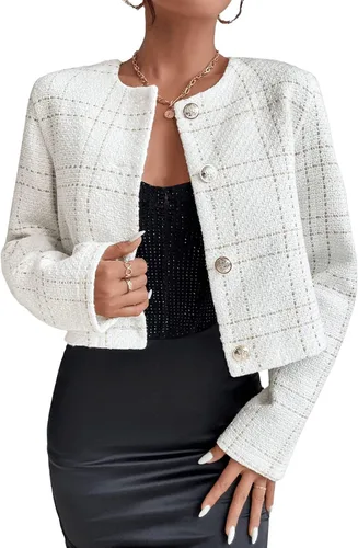 Vista 6 de SweatyRocks Chaqueta corta de manga larga a cuadros con cuello redondo y botones para mujer