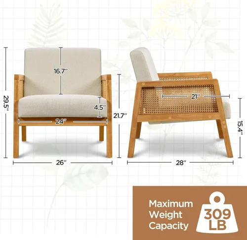 Vista 3 de Yaheetech Silla decorativa, sillón moderno de ratán, cómoda silla de lino con patas de madera para sala de estar, dormitorio, sala de lectura, Beige