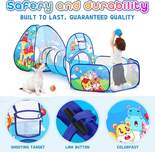 Vista 6 de Tienda de campaña de juego para niños de 3 piezas con túnel de juego y foso de pelotas, tienda de campaña para niños pequeños para niñas y niños