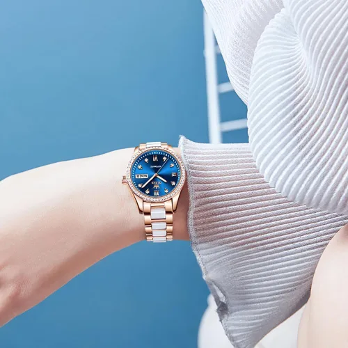 Vista 6 de OLEVS Relojes automáticos para mujer, mecánico, esfera de corazón, esfera de corazón, oro rosa, banda de cerámica, impermeable, luminoso, fecha