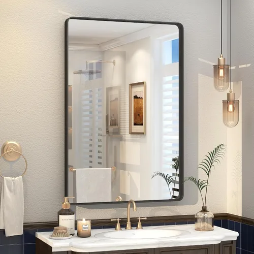 Vista 20 de Espejo rectangular para pared de baño de 20x30 pulgadas con marco negro mate, espejo de tocador con esquinas redondeadas, espejo de baño de metal