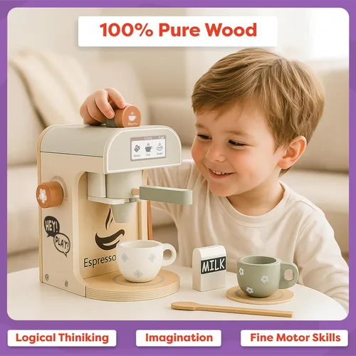 Vista 4 de Hey Play - Cafetera de juguete de madera para niños, 11 piezas, juego de cocina para niños con máquina de café expreso, accesorios de cocina