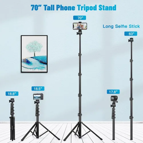 Vista 2 de Victiv - Trípode para teléfono de 1.78 metros (70 pulgadas), trípode para iPhone con control remoto y soporte para teléfono, resistente y estable