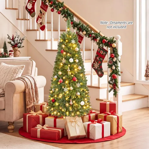 Vista 2 de Goplus Árbol de Navidad de Lápiz Preiluminado de 4.5 pies, Abeto con Bisagras de Alta Calidad, con Luces LED Blancas Cálidas y Soporte de Metal Verde