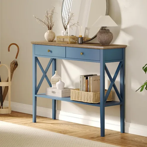 Vista 8 de ChooChoo - Mesa de entrada de granja de 39 pulgadas con cajones y estante de almacenamiento 11.8"D x 39.4"W x 31.5"H, Console Table, Sofa Table