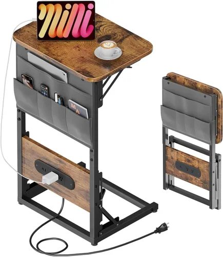 Vista 10 de HLDIRECT - Mesa auxiliar en forma de C con estación de carga, mesa lateral para sofá con bolsa de almacenamiento, bandeja para TV ajustable