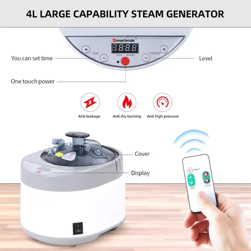 Vista 3 de Smartmak Vaporizador de sauna, generador de olla de vapor portátil de 4 litros mejorado de 1500 W con control remoto, máquina de spa con pantalla
