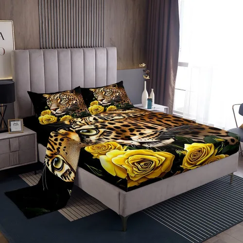 Vista 18 de Erosebridal Sábanas de cama de guepardo con rosa roja, juego de sábanas de bolsillo profundo con estampado de leopardo y gato, sábana bajera