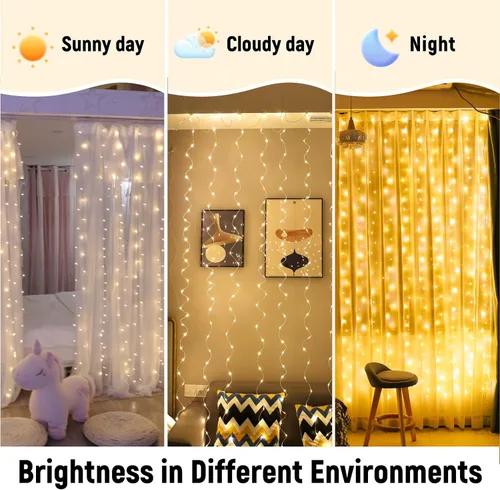 Vista 7 de ZSJWL - Guirnalda de 300 luces LED de hadas para cortina con mando a distancia, 8 modos, 2.9 × 2.9 mt, luz de cadena para cortina con enchufe USB