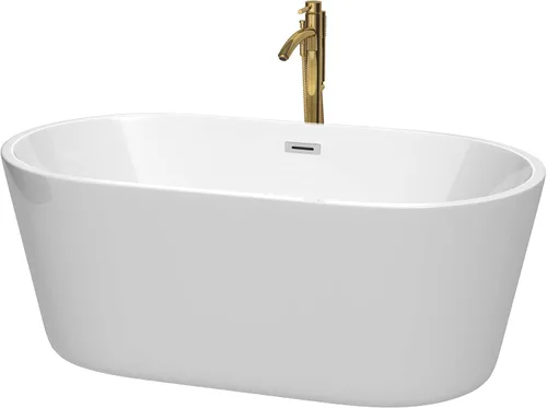 Vista 18 de Carissa - Bañera independiente de 60 pulgadas en color blanco con grifo montado en el suelo, desagüe y desbordamiento en negro mate