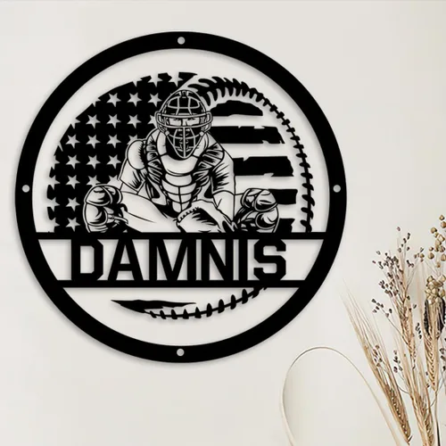 Vista 2 de Arte de Pared de Metal Personalizado de Béisbol con Bandera de EE.UU. con Luz LED, Letrero Personalizado con Nombre de Jugador de Sóftbol Americano
