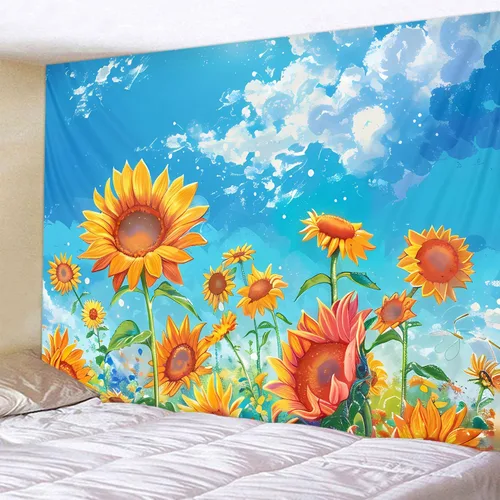 Vista 6 de WODEJIAFANG Tapiz estético de tela para pared, tapiz decorativo de girasol, fondo de oficina, divisor de habitación para dormitorio, jardín al aire
