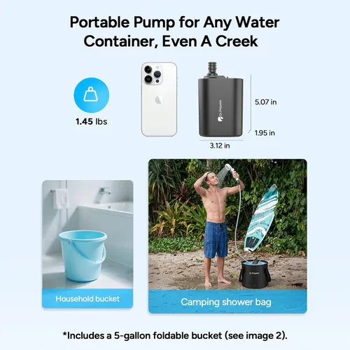 Vista 5 de DR.PREPARE Ducha portátil, bombas de ducha dobles para campamento, 2 × 5000 mAh, motor de 11,000 rpm, flujo de 1.32 galones/min, boquilla