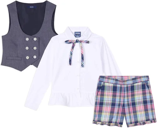 Vista 5 de IZOD Conjunto de chaleco de 4 piezas para niñas con parte superior e inferior de manga abullonada