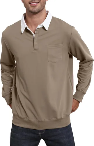 Vista 3 de Opomelo Mens Collar Long Sleev Polo Shirts Loose Fit Warm Golf Shirt Pullover Shirt with Pocket