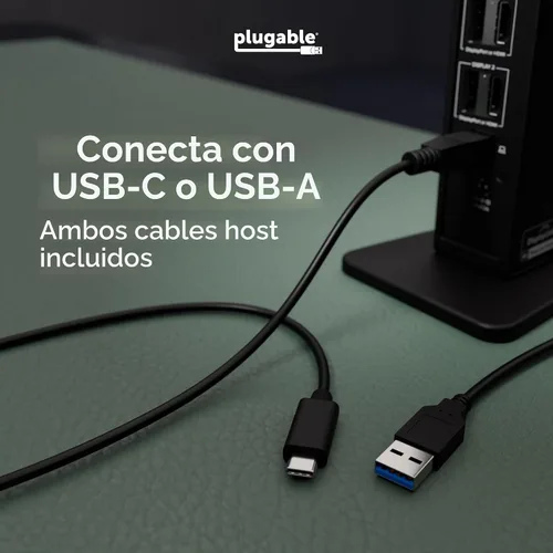 Vista 5 de Plugable Estación de acoplamiento dual DisplayPort y HDMI - Dock USB 3.0 y USB-C para portátil para monitores duales, DisplayLink, Mac