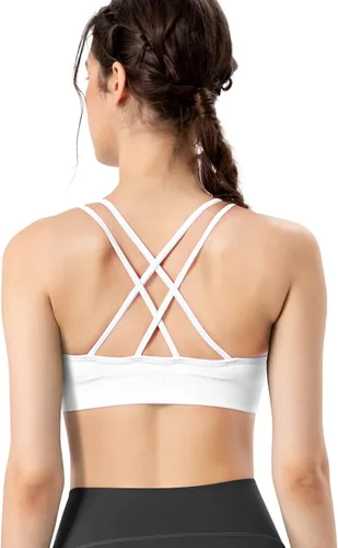 Vista 3 de VEQKING Brasier deportivo con espalda cruzada para mujer, brasier deportivo fruncido, soporte medio, brasier de yoga con relleno extraíble