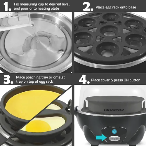 Vista 7 de Elite Gourmet EGC710DKG Cocedor Rápido de Huevos, 7 Huevos Hervidos Fáciles de Pelar, Duros, Medianos, Suaves, Escalfador, Máquina para Omelettes