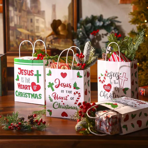 Vista 4 de Zhanmai 24 bolsas de regalo de Navidad con asas a granel, cristiano Jesús es el corazón de Navidad, bolsas con corazón, hoja de flor de pascua