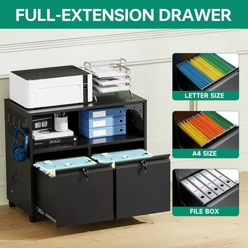 Vista 5 de Letaya Archivador móvil de 2 cajones con cerradura, soporte lateral de metal para impresora, gabinetes de almacenamiento de archivos con estantes