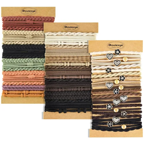 Vista 17 de Pulseras para el cabello para mujer, 24 piezas de accesorios para el cabello bohemio en 12 colores, 5 estilos, no dañan el cabello grueso Boho A