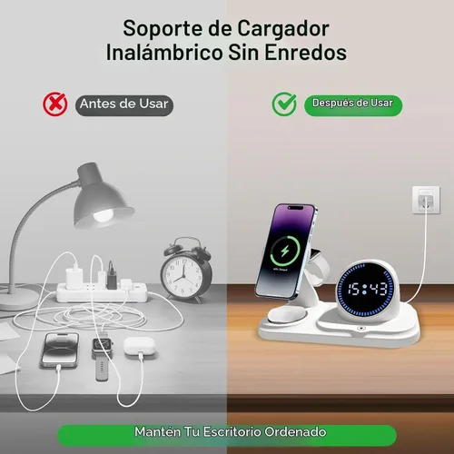 Vista 5 de Estación de carga inalámbrica 6 en 1 con función de altavoz Bluetooth, soporte de carga para múltiples dispositivos para Apple iPhone 17 16 15 14 13