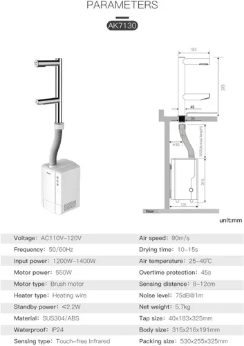 Vista 8 de AIKE Grifo Air Tap Secador de Manos de Alta Velocidad Lavado+Seco Modelo AK7130, Cromo "F"TAP Series,Wash and Dry,Standard Height for Most