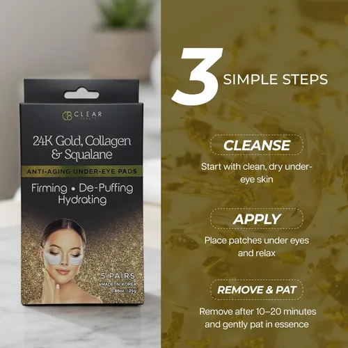 Vista 6 de Clear Beauty, Parches para debajo de los ojos de oro de 24 quilates y colágeno para ojeras y ojos hinchados, reafirmantes e hidratantes