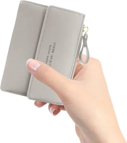 Vista 3 de Huakaile Billetera de cuero plegable con bloqueo RFID para mujer, mini monedero con bolsillo para monedas, con hebilla de cremallera, tarjetero