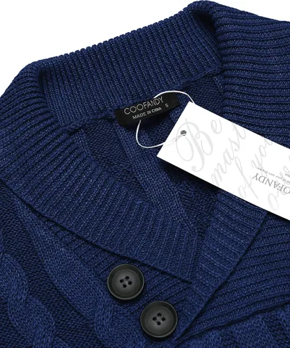 Vista 4 de COOFANDY Suéter de punto trenzado con cuello de chal para hombre, ajuste delgado, informal, con botones