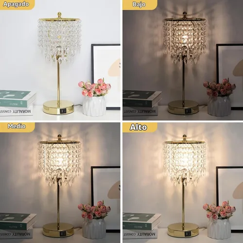 Vista 4 de Juego de 2 lámparas de mesa de cristal, lámpara de mesa de noche regulable de 3 vías con 2 puertos de carga USB, lámpara de noche dorada