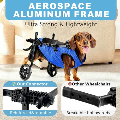 Vista 5 de Silla de ruedas para perros para patas traseras, altura/longitud/ancho ajustable, silla de ruedas resistente con ruedas que absorben los golpes