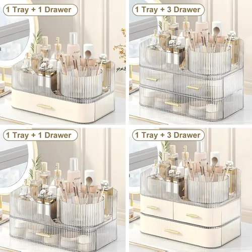 Vista 5 de DASITON Organizador de Maquillaje con Cajones y Soporte Giratorio para Brochas de Maquillaje, Organizador de Cosméticos Apilable de Gran Capacidad