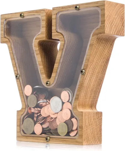 Vista 24 de Alcancía de madera personalizada con letra para niños, niñas y adultos, bancos de monedas de madera de roble duradero, 3 tamaños para elegir