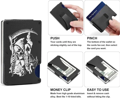 Vista 2 de Regalo personalizado para hombres Cartera de metal grabada personalizada para marido, novio, papá, hijo, tarjetero minimalista de aluminio con clip