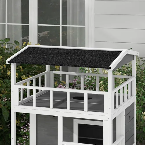 Vista 8 de Robust Multi-Story Cat Condo Featuring Asphalt Roof, Escape Doors, Jumping Platform, Durable Material, Light Gray Exterior