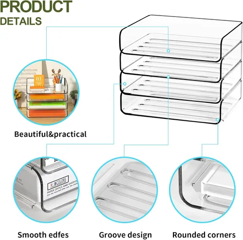 Vista 8 de FANXIYQ Organizador de Bandeja de Papel Acrílico de 4 Niveles - Clasificador de Archivos de Escritorio de Bajo Perfil para Oficina/Hogar, Bandeja