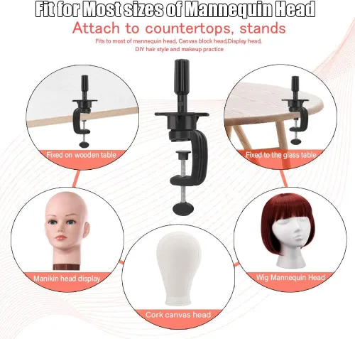 Vista 2 de Teenitor Soporte para cabeza de maniquí de peluca, soporte para cosméticos de maniquí con tenaza de agarre, paquete de 2 unidades, color negro