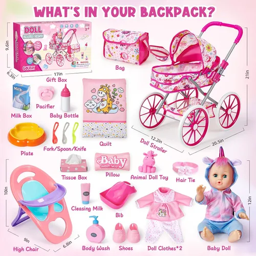 Vista 2 de Golray Juego de Juguetes de Muñeca Bebé de 12 Pulgadas con Cochecito para Niñas de 3, 4, 5, 6 Años - 26 Piezas Muñeca Bebé con Accesorios Edredón