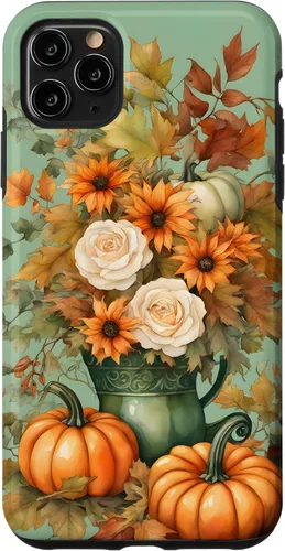 Vista 13 de Vintage Autumn Flower Fall Pumpkin Teal Case for iPhone 17